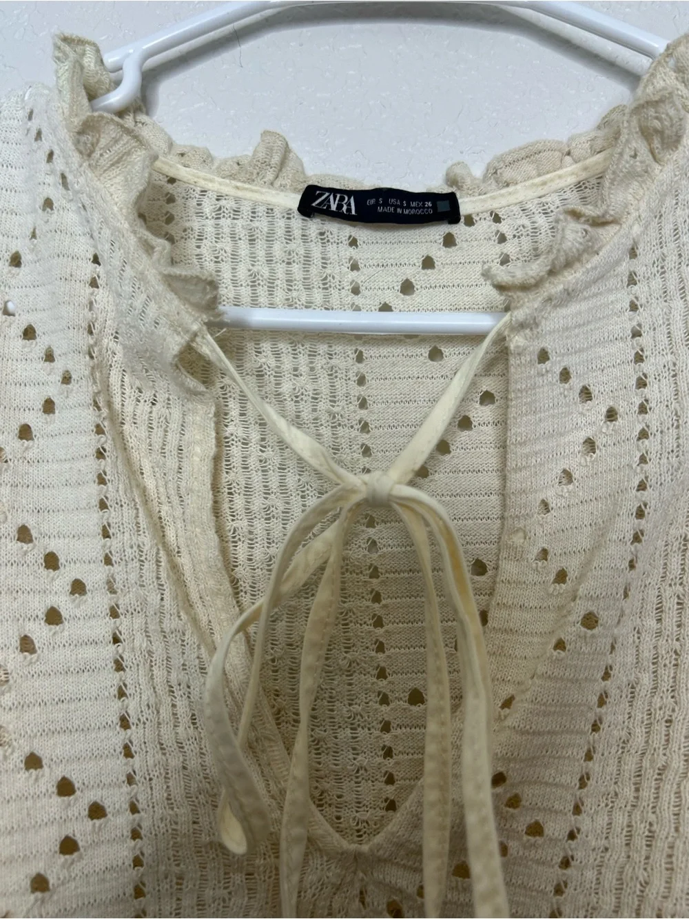 Zara Cream Crochet Tie-Front Peasant Blouse
